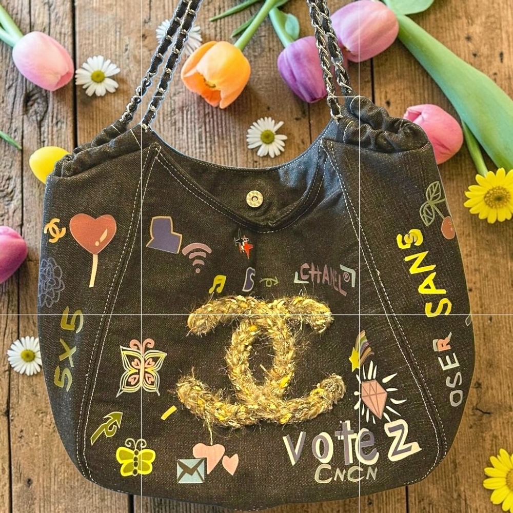 Designer-Inspired Black Denim Shoulder Bag with Gold Emblem and Colorful Motifs